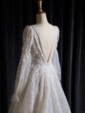 Vintage Wedding Dress A line V Neck White Long Sleeves Sequin Long Wedding Dresses Bridal Gowns Brides Gown HZ1121