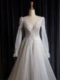 Vintage Wedding Dress A line V Neck White Long Sleeves Sequin Long Wedding Dresses Bridal Gowns Brides Gown HZ1121
