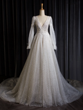 Vintage Wedding Dress A line V Neck White Long Sleeves Sequin Long Wedding Dresses Bridal Gowns Brides Gown HZ1121