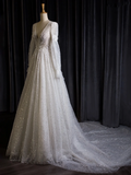 Vintage Wedding Dress A line V Neck White Long Sleeves Sequin Long Wedding Dresses Bridal Gowns Brides Gown HZ1121