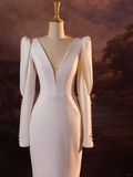 Vintage Wedding Dress Mermaid V Neck White Long Sleeves Satin Long Wedding Dresses Bridal Gowns Brides Gown HZ1121