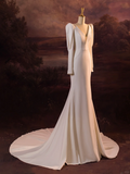 Vintage Wedding Dress Mermaid V Neck White Long Sleeves Satin Long Wedding Dresses Bridal Gowns Brides Gown HZ1121