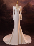 Vintage Wedding Dress Mermaid V Neck White Long Sleeves Satin Long Wedding Dresses Bridal Gowns Brides Gown HZ1121