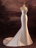 Pretty Wedding Dress Mermaid Strapless Silver Beads White Satin Long Wedding Dresses Bridal Gowns Brides Gown HZ1121