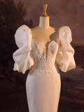 Pretty Wedding Dress Mermaid Spaghetti Straps Lace White Satin Long Wedding Dresses Bridal Gowns Brides Gown HZ1121