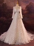 Elegant Wedding Dress Ball Gown Scoop Long Sleeves Tulle Flowers Long Wedding Dresses Bride Dress Bridal Gowns HZ1121