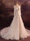 Elegant Wedding Dress Ball Gown Scoop Long Sleeves Tulle Flowers Long Wedding Dresses Bride Dress Bridal Gowns HZ1121