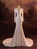 Vintage Wedding Dress Mermaid V Neck White Long Sleeves Backless Satin Long Wedding Dresses Bridal Gowns Brides Gown HZ1121