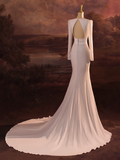 Vintage Wedding Dress Mermaid V Neck White Long Sleeves Backless Satin Long Wedding Dresses Bridal Gowns Brides Gown HZ1121