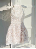 Pretty A Line High Neck White Lace Short Summer Homecoming Dress Hoco Dress Birthday Outfit 21st Birthday Mini Party Dresses HZ1121