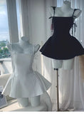 Trendy A Line Spaghetti Straps White Black Satin Mini Short Formal 8th Grade Homecoming Dresses Summer Middle School Hoco Dress Homecoming Outfits HZ1121