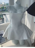 Trendy A Line Spaghetti Straps White Black Satin Mini Short Formal 8th Grade Homecoming Dresses Summer Middle School Hoco Dress Homecoming Outfits HZ1121