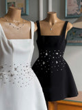 Trendy A Line Square Neck Satin White Mini Short Formal 8th Grade Homecoming Dresses Summer Middle School Hoco Dress Homecoming Outfits HZ1121