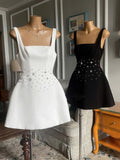 Trendy A Line Square Neck Satin White Mini Short Formal 8th Grade Homecoming Dresses Summer Middle School Hoco Dress Homecoming Outfits HZ1121