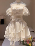 Pretty A line Off The Shoulder Chiffon White Short Formal 8th Grade Homecoming Dresses Summer Middle School Hoco Dress Homecoming Outfits HZ1121