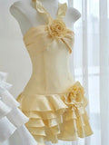 Trendy A Line Halter Yellow Chiffon Mini Short Formal 8th Grade Homecoming Dresses Summer Middle School Hoco Dress Homecoming Outfits HZ1121