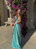 Elegant A Line Spaghetti Straps Blue Satin Long Prom Dresses Party Dress Summer 20th Birthday Outfits 18th Birthday Dresses HZ1121
