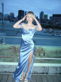 Elegant A Line Off The Shoulder Slit Blue Satin Long Prom Dresses Party Dress Summer 20th Birthday Outfits 18th Birthday Dresses HZ1121