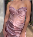 Elegant Sheath Sweetheart Pink Slit Satin Long Prom Dresses Party Dress Summer 20th Birthday Outfits 18th Birthday Dresses HZ1121