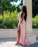 Elegant Sheath Sweetheart Pink Slit Satin Long Prom Dresses Party Dress Summer 20th Birthday Outfits 18th Birthday Dresses HZ1121