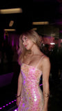 Elegant Sheath Spaghetti Straps Pink Sequin Long Prom Dresses Party Dress Summer 20th Birthday Outfits 18th Birthday Dresses HZ1121