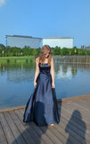 Elegant A Line Spaghetti Straps Navy Blue Satin Long Prom Dresses Party Dress Summer 20th Birthday Outfits 18th Birthday Dresses HZ1121
