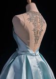 Pretty Ball Gown Scoop Neck Blue Satin Silver Beads Short Formal 8th Grade Homecoming Dresses Summer Middle School Hoco Dress 6th Grade Graduation Outfits HZ1121
