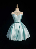 Pretty Ball Gown Scoop Neck Blue Satin Silver Beads Short Formal 8th Grade Homecoming Dresses Summer Middle School Hoco Dress 6th Grade Graduation Outfits HZ1121