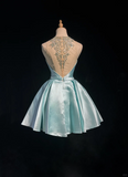 Pretty Ball Gown Scoop Neck Blue Satin Silver Beads Short Formal 8th Grade Homecoming Dresses Summer Middle School Hoco Dress 6th Grade Graduation Outfits HZ1121