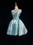 Pretty Ball Gown Scoop Neck Blue Satin Silver Beads Short Formal 8th Grade Homecoming Dresses Summer Middle School Hoco Dress 6th Grade Graduation Outfits HZ1121