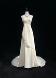 Vintage Wedding Dress A line Strapless Chiffon White Sleeveless Long Beach Wedding Dresses Bridal Gowns Brides Gown With Beads HZ1121