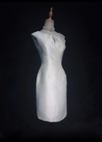 Modest Wedding Dress Sheath Scoop White Satin Summer Short Wedding Dresses Bride Dress Bridal Gowns HZ1121