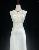 Vintage Wedding Dress 1970s High Low Strapless Lace White Long Wedding Dresses Bridal Gowns Elegant Brides Gown HZ1121