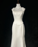Vintage Wedding Dress 1970s Mermaid Square Neck Satin White Long Wedding Dresses Bridal Gowns Elegant Brides Gown HZ1121