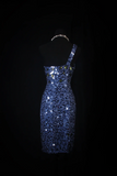 Cute Sheath One Shoulder Navy Blue Sequin Formal 8th Grade Homecoming Dresses Summer Middle School Hoco Dress Homecoming Outfits HZ1121
