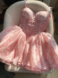 Cute Ball Gown Spaghetti Straps Floral Pink Short Homecoming Dress Summer Middle School Formal 8th Grade Hoco Dresses Summer Homecoming Outfits HZ1121
