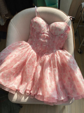Cute Ball Gown Spaghetti Straps Floral Pink Short Homecoming Dress Summer Middle School Formal 8th Grade Hoco Dresses Summer Homecoming Outfits HZ1121