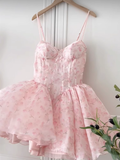 Pretty Ball Gown Spaghetti Straps Floral Pink Short Homecoming Dress Summer Middle School Formal 8th Grade Hoco Dresses Summer Homecoming Outfits HZ1121