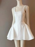 Cute A line Square Neck Sleeveless White Satin Mini Short Formal 8th Grade Homecoming Dresses Summer Middle School Hoco Dress Homecoming Outfits HZ1121