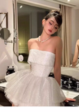 Simple Ball Gown Strapless White Sequin Homecoming Dress Summer Hoco Dresses Mini Cocktail Dress HZ1121