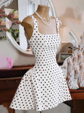 Cute A line Square Neck White Polka Dots Satin Mini Short Formal 8th Grade Homecoming Dresses Summer Middle School Hoco Dress Homecoming Outfits 25 Birthday Dress HZ1121