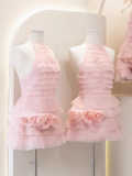 Cute A line High Neck Pink Tulle Mini Short Formal 8th Grade Homecoming Dresses Summer Middle School Hoco Dress Homecoming Outfits 25 Birthday Dress HZ1121