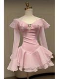 Simple A line Off The Shoulder Pink Chiffon Short Mini Homecoming Dress Summer Hoco Dresses Mini Cocktail Dress HZ1121