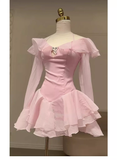 Simple A line Off The Shoulder Pink Chiffon Short Mini Homecoming Dress Summer Hoco Dresses Mini Cocktail Dress HZ1121