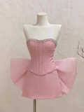 Simple A line Sweetheart Pink Satin Short Mini Homecoming Dress Summer Hoco Dresses Mini Cocktail Dress HZ1121