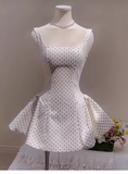 Cute A line Square Neck White Polka Dots Satin Mini Short Formal 8th Grade Homecoming Dresses Summer Middle School Hoco Dress Homecoming Outfits Birthday Dress HZ1121