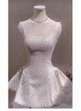 Cute A line Square Neck White Polka Dots Satin Mini Short Formal 8th Grade Homecoming Dresses Summer Middle School Hoco Dress Homecoming Outfits Birthday Dress HZ1121