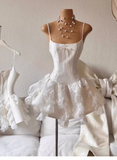 Pretty A line Spaghetti Straps White Satin Short Formal 8th Grade Homecoming Dresses Summer Middle School Hoco Dress Homecoming Outfits HZ1121
