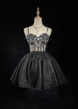 Cute Ball Gown Spaghetti Straps Black Sleeveless Mini Short Formal 8th Grade Homecoming Dresses Summer Middle School Hoco Dress Homecoming Outfits HZ1121