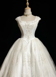 Classic Bridal Gown Ball Gown Square Neck Short Sleeves Tulle White Wedding Dresses Vintage Bridal Gowns HZ1121